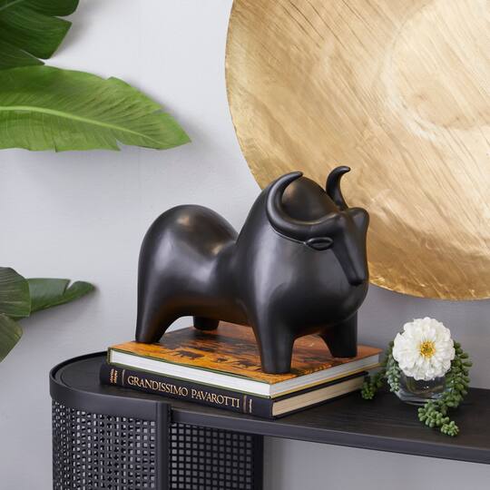 Black Porcelain Contemporary Buffalo Sculpture, 11" x 8" x 16"